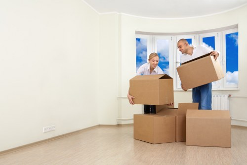 Commercial office furniture and IT equipment prepared for moving in Bow